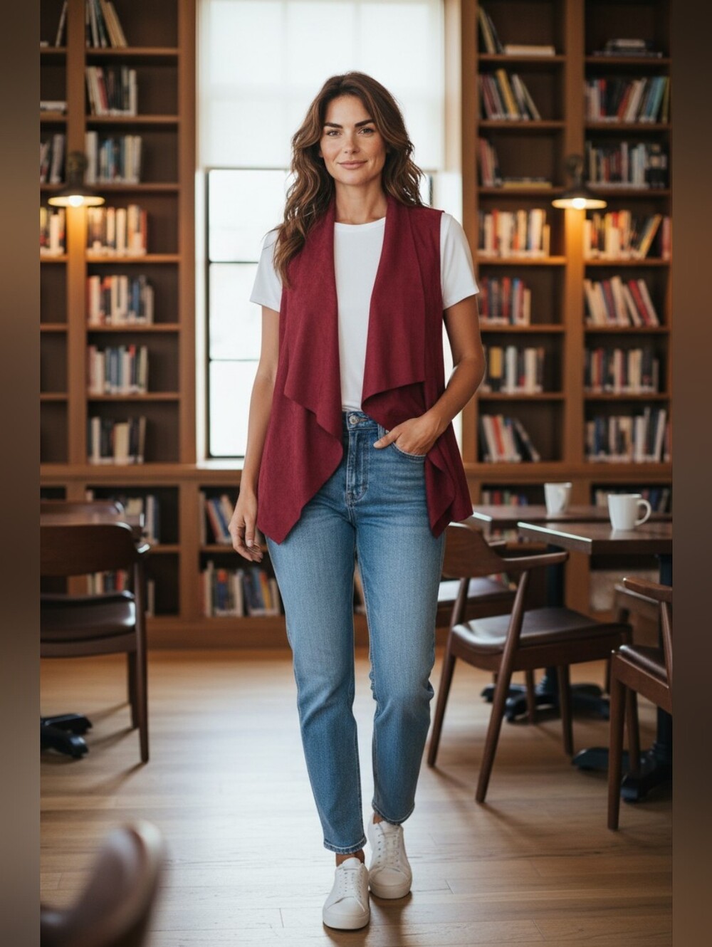 TCEC Sleeveless Draped Burgundy Suede Vest-Cardigan